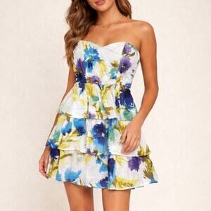 Kimchi Blue Strapless Floral Tiered Ruffle Mini Dress Medium